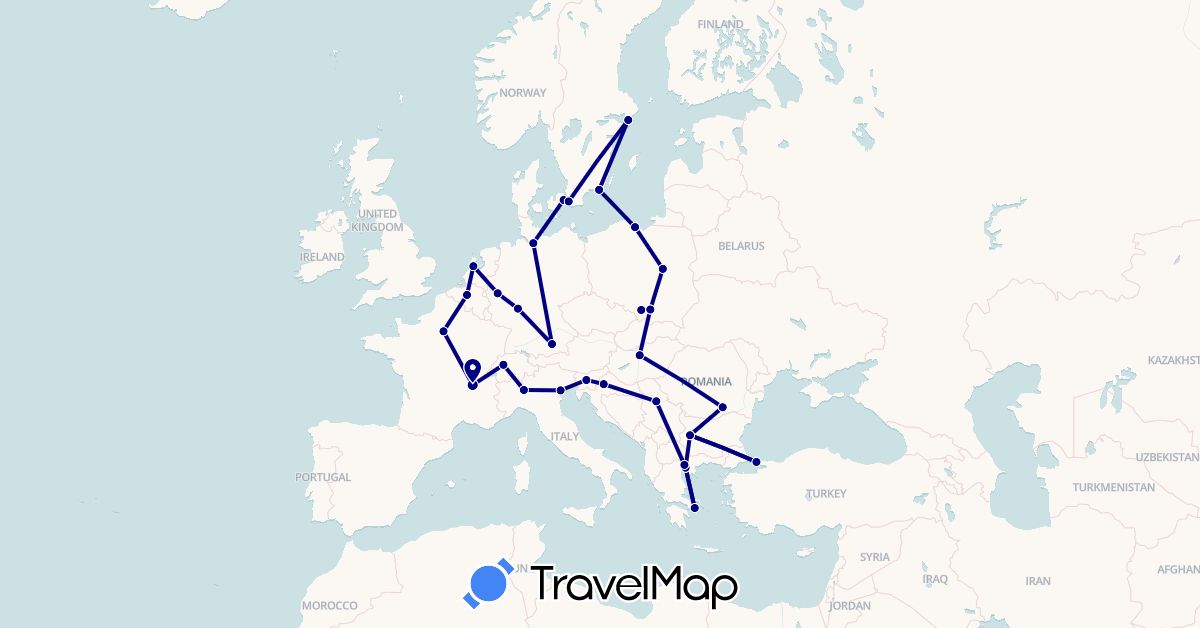 TravelMap itinerary: driving in Belgium, Bulgaria, Switzerland, Germany, Denmark, France, Greece, Croatia, Hungary, Italy, Netherlands, Poland, Romania, Serbia, Sweden, Slovenia, Turkey (Asia, Europe)
